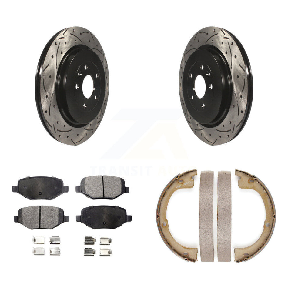 Rear Disc Drilled & Slotted Rotors Semi-Metallic Pads Parking Shoes Kit For Lincoln MKT KDF-101556