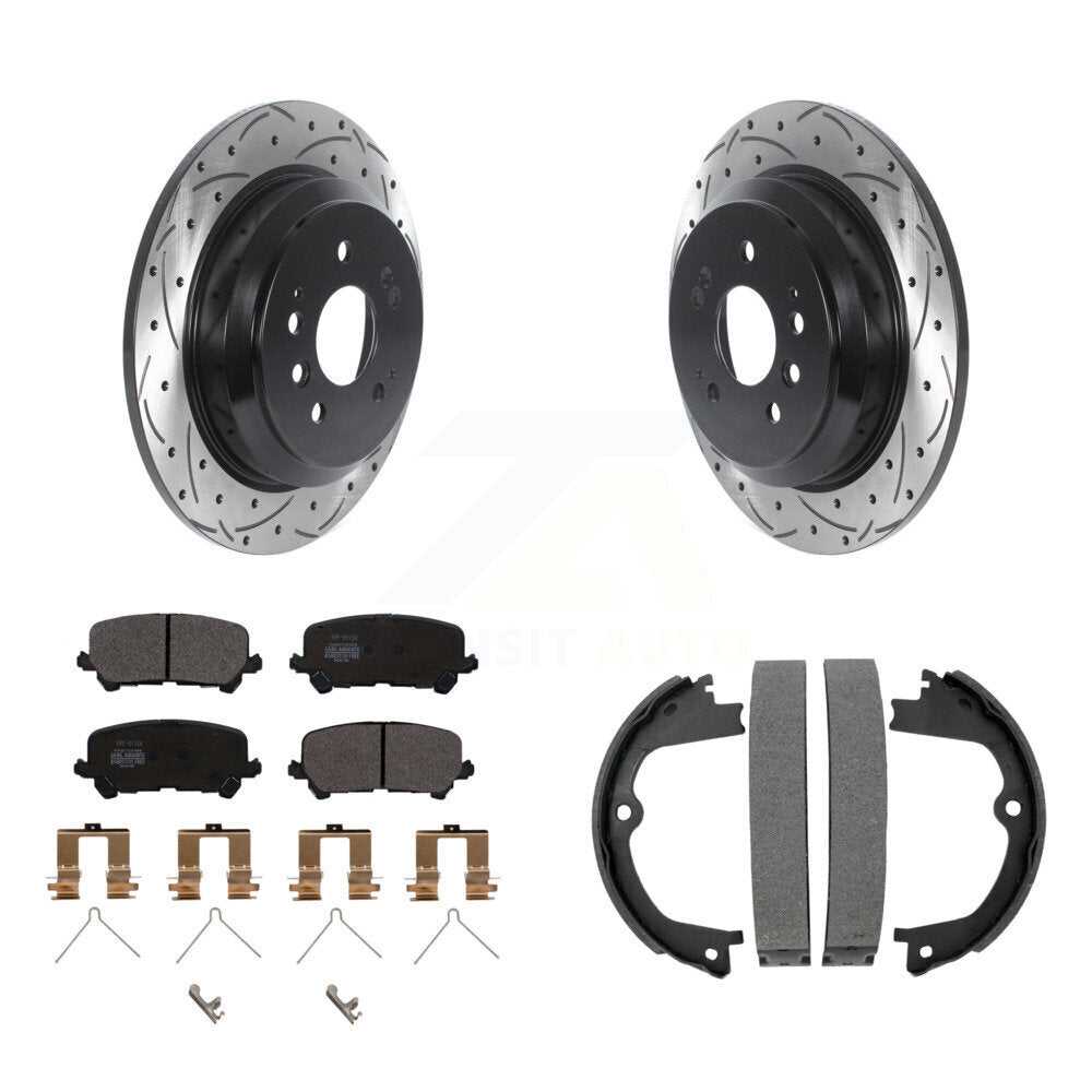 Rear Disc Drilled & Slotted Rotors Semi-Metallic Pads Parking Shoes Kit For Honda Pilot KDF-101558
