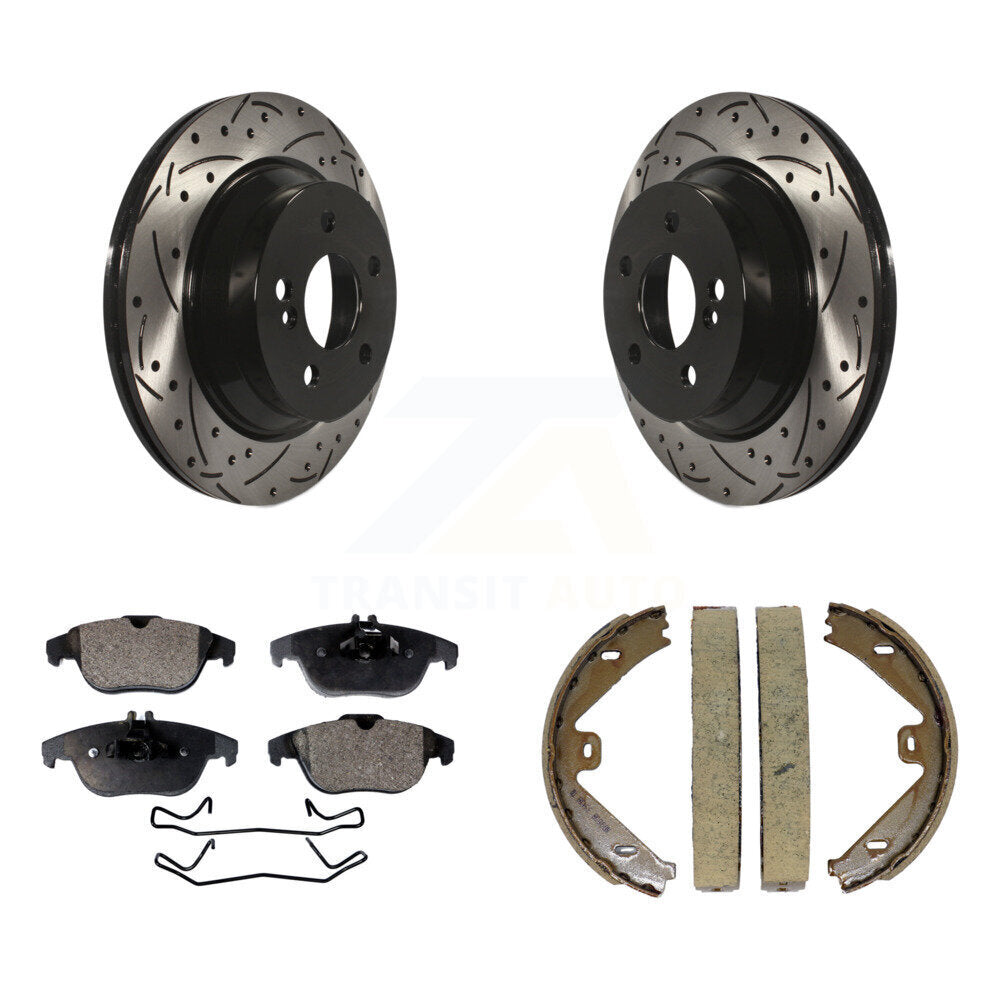 Rear Disc Drilled & Slotted Rotors Semi-Metallic Pads Parking Shoes Kit For Mercedes-Benz KDF-101560