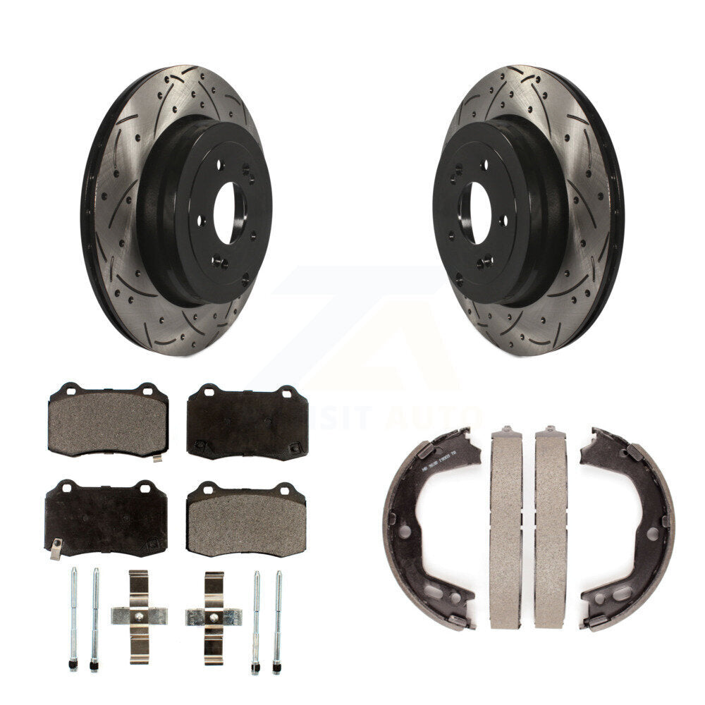 Rear Disc Drilled & Slotted Rotors Semi-Metallic Pads And Parking Brake Shoes Kit For KDF-101562