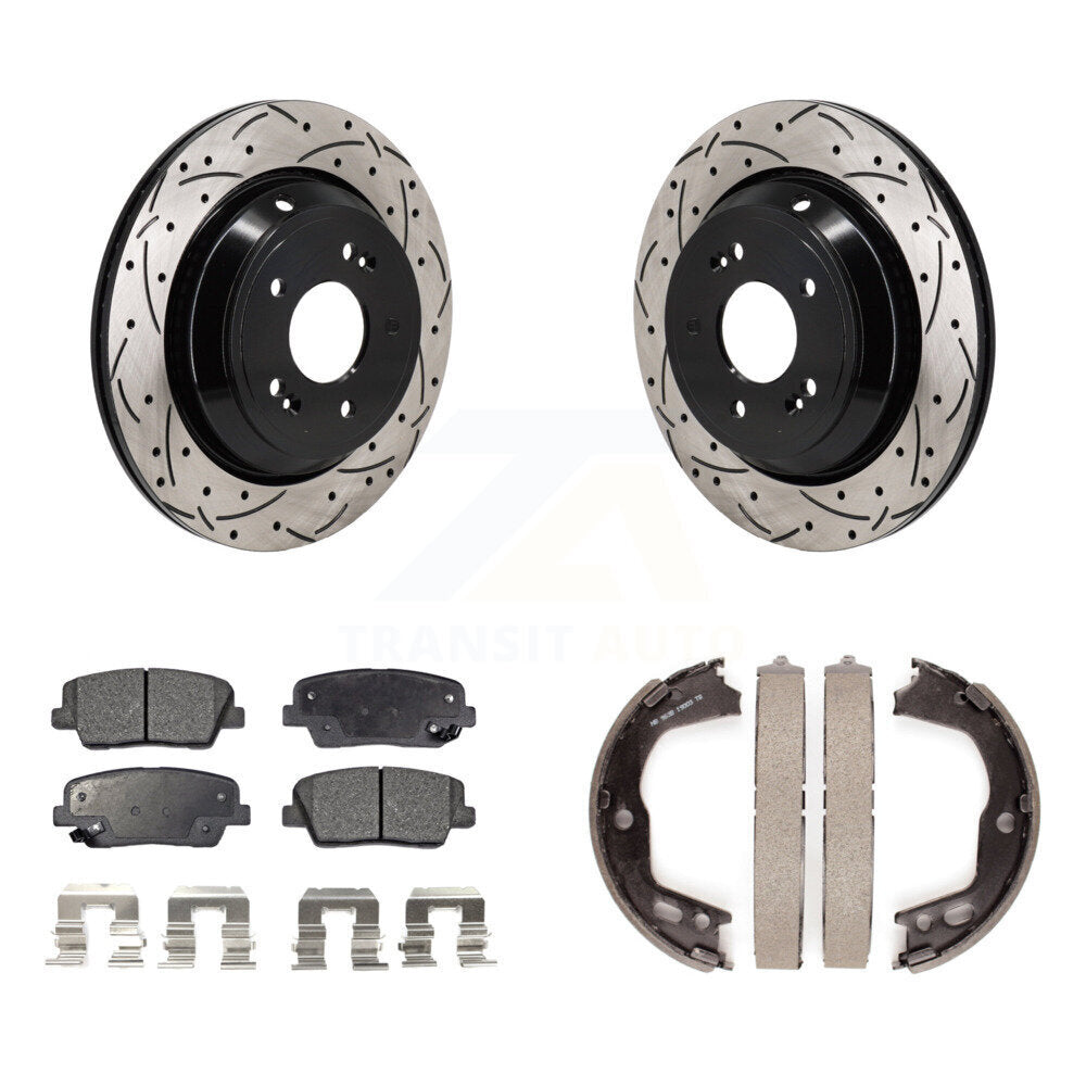 Rear Disc Drilled & Slotted Rotors Semi-Metallic Pads Parking Shoes Kit For Hyundai Equus KDF-101564