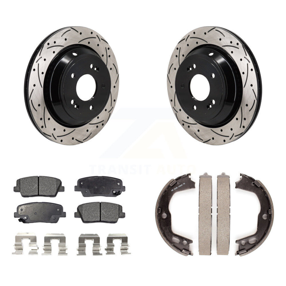 Rear Disc Drilled & Slotted Rotors Semi-Metallic Pads Parking Shoes Kit For Hyundai Equus KDF-101564