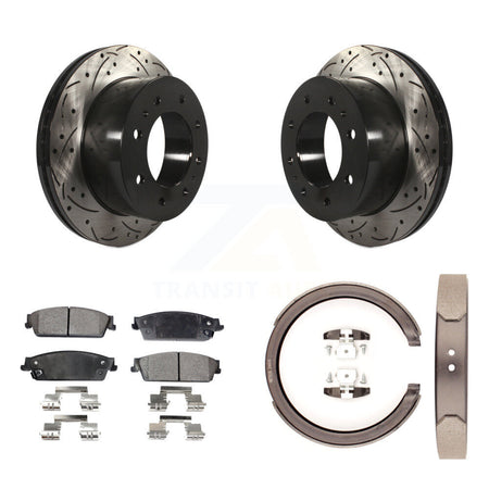 Rear Disc Drilled & Slotted Rotors Semi-Metallic Pads And Parking Brake Shoes Kit For KDF-101567