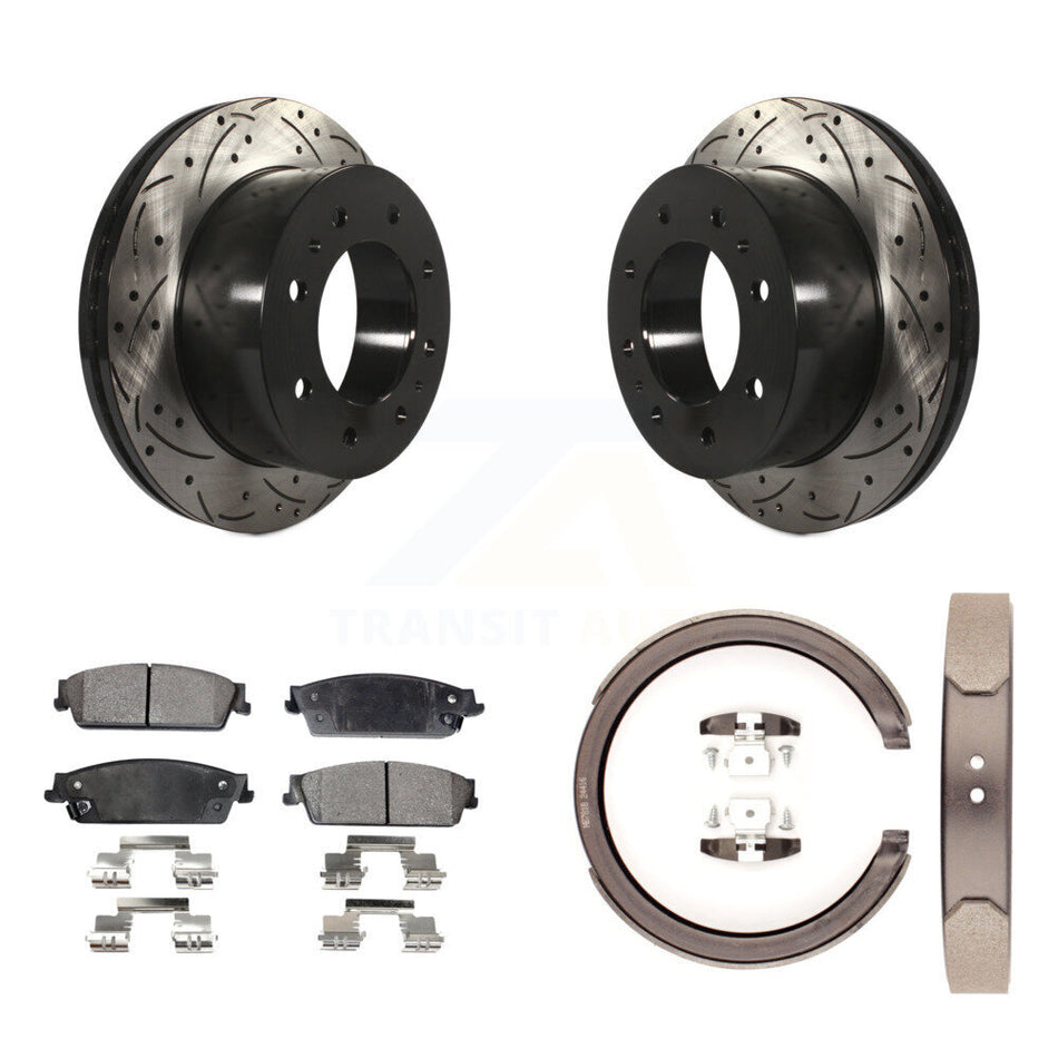 Rear Disc Drilled & Slotted Rotors Semi-Metallic Pads And Parking Brake Shoes Kit For KDF-101567