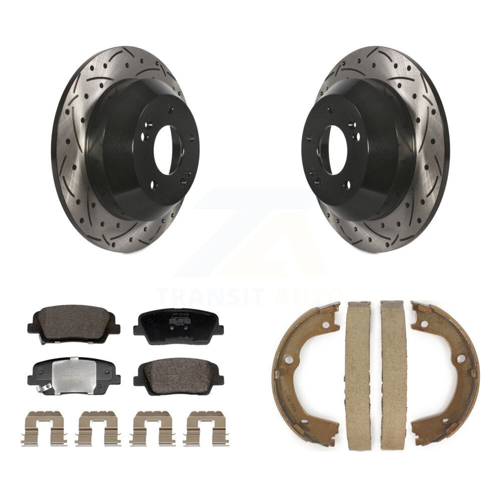 Rear Disc Drilled & Slotted Rotors Semi-Metallic Pads Parking Shoes Kit For Hyundai Santa KDF-101568