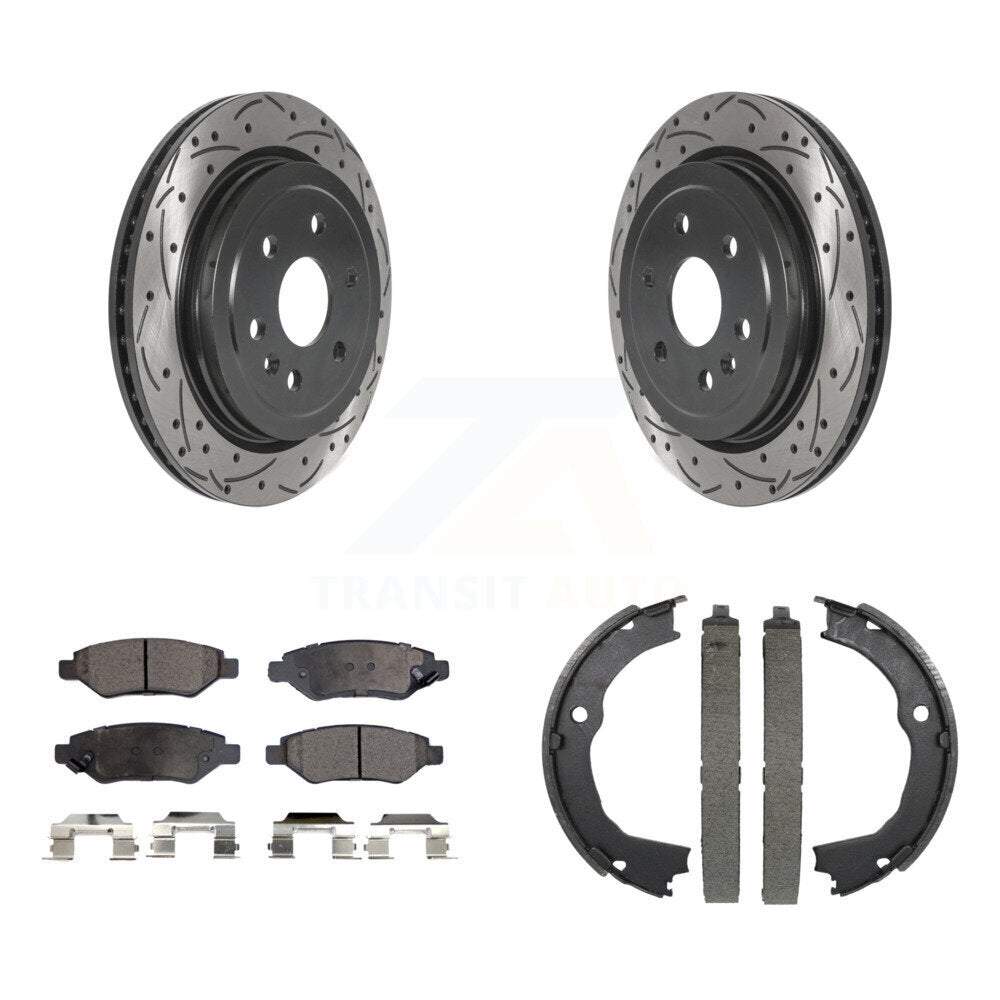 Rear Disc Drilled & Slotted Rotors Semi-Metallic Pads Parking Shoes Kit For Cadillac SRX KDF-101569