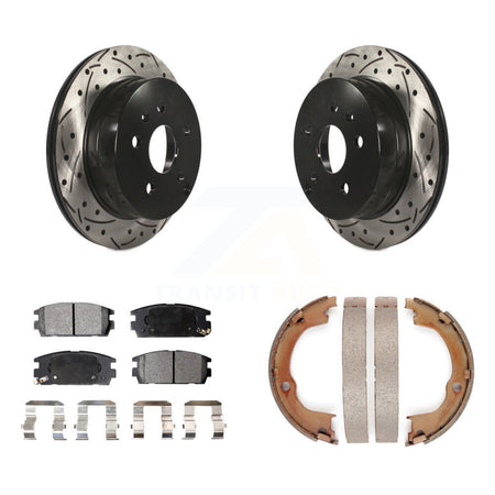 Rear Disc Drilled & Slotted Rotors Semi-Metallic Pads Parking Shoes Kit For Chevrolet GMC KDF-101570