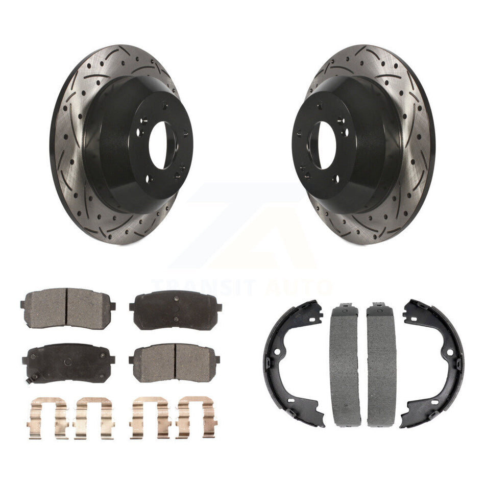 Rear Disc Drilled & Slotted Rotors Semi-Metallic Pads Parking Shoes Kit For Kia Sedona KDF-101571
