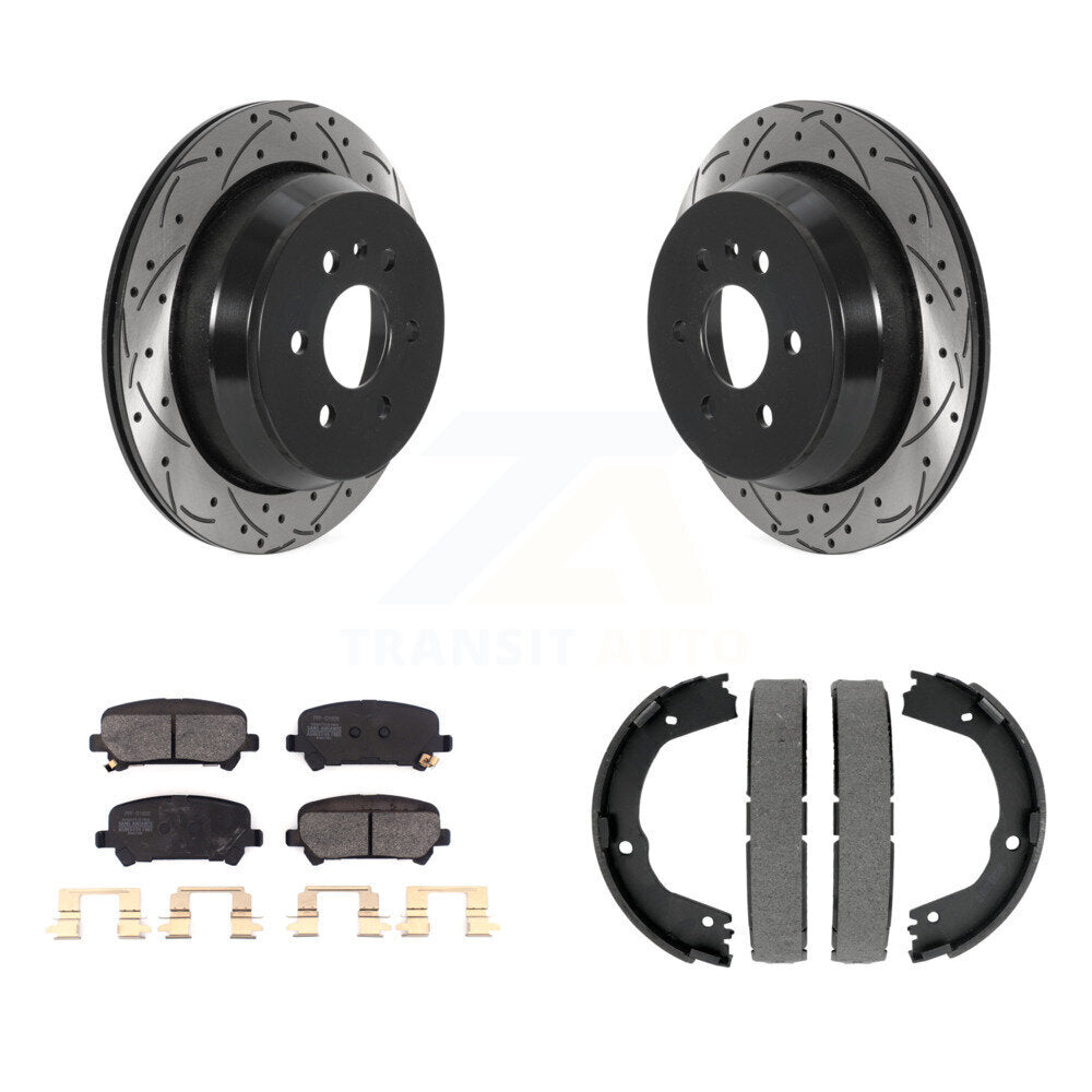 Rear Disc Drilled & Slotted Rotors Semi-Metallic Pads Parking Shoes Kit For Chevrolet GMC KDF-101576