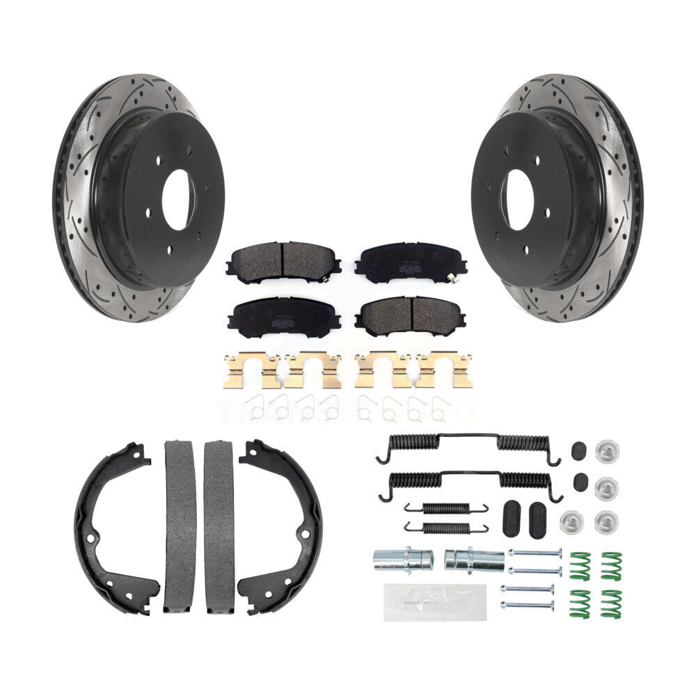Rear Drill Slot Disc Rotor Semi-Metallic Pad Parking Shoes Kit For 2017-2023 Nissan TITAN KDF-101577