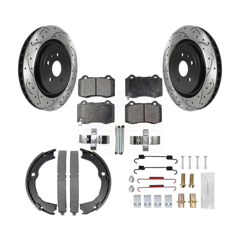 Rear Drilled Slot Rotor Semi-Metallic Pad Parking Shoes Kit For Chevrolet Camaro Cadillac KDF-101582