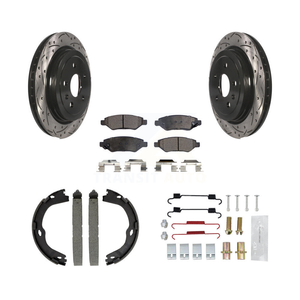 Rear Coated Drilled Slot Disc Rotors Semi-Metallic Pad Parking Shoes Kit For Cadillac CTS KDF-101583