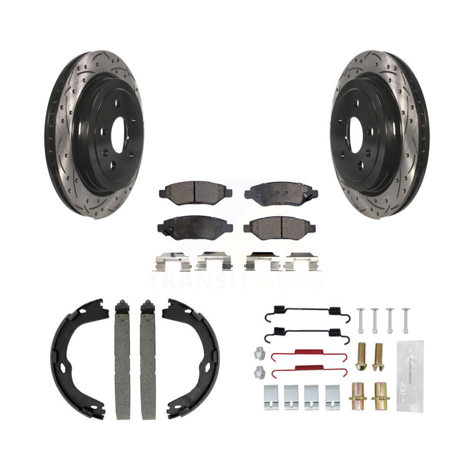 Rear Coated Drilled Slot Disc Rotors Semi-Metallic Pad Parking Shoes Kit For Cadillac CTS KDF-101583