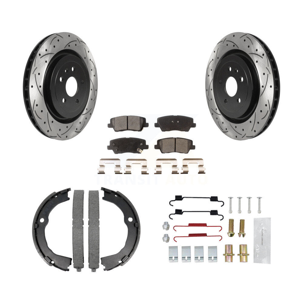 Rear Coated Drilled Slot Disc Rotors Semi-Metallic Pad Parking Shoes Kit For Cadillac CTS KDF-101584