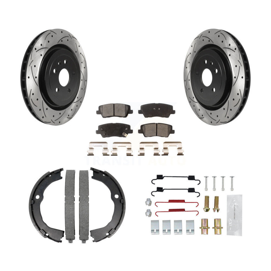 Rear Coated Drilled Slot Disc Rotors Semi-Metallic Pad Parking Shoes Kit For Cadillac CTS KDF-101584