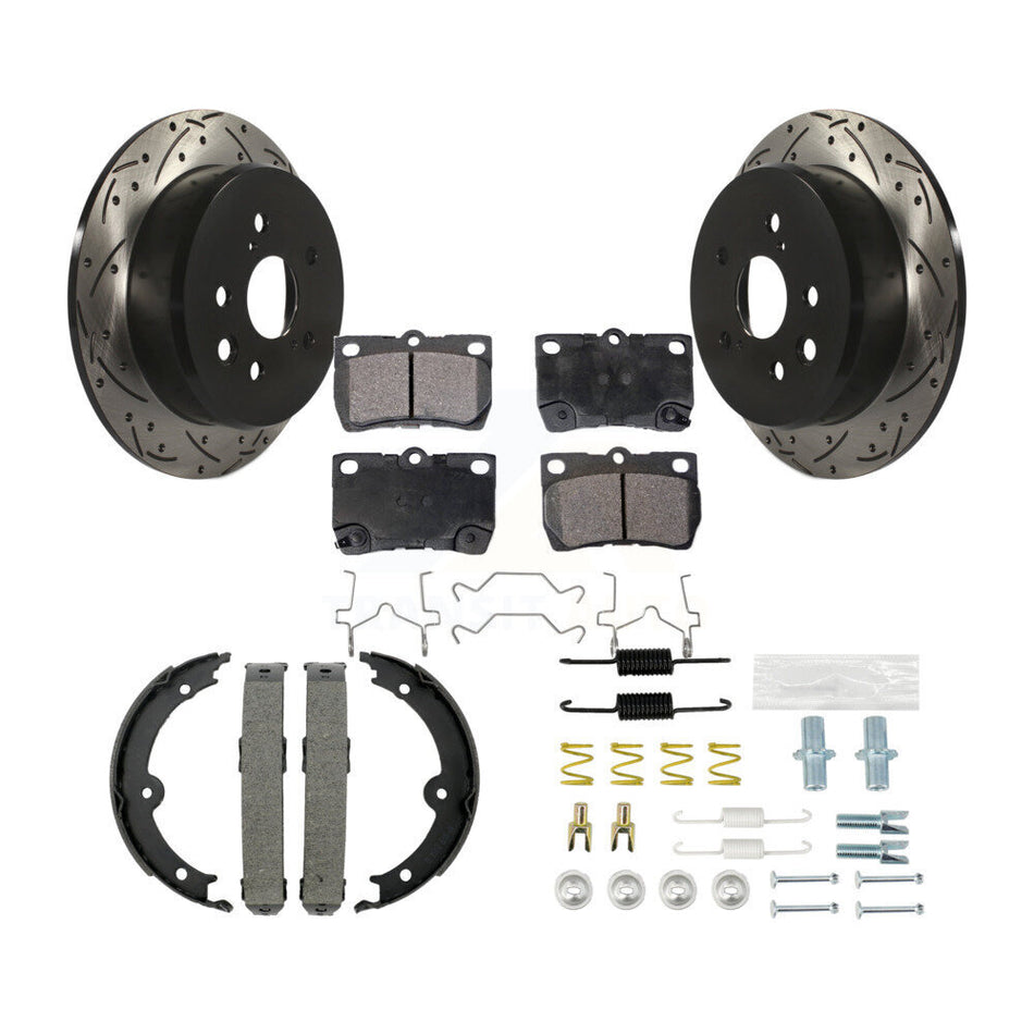 Rear Coated Drilled Slot Disc Rotor Semi-Metallic Pad & Parking Shoes Kit For Lexus IS250 KDF-101590