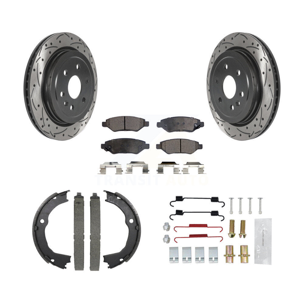 Rear Drill Slot Disc Rotor Semi-Metallic Pad Parking Shoes Kit For 2010-2016 Cadillac SRX KDF-101592