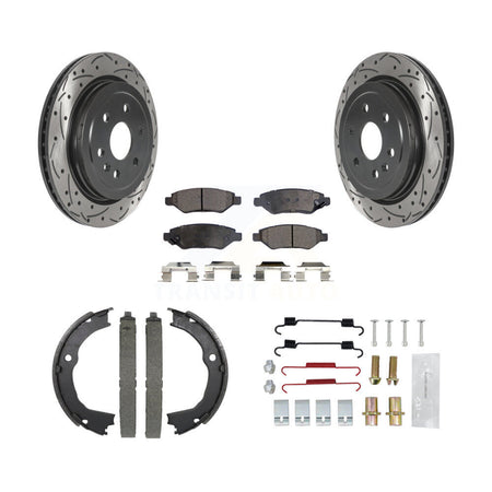 Rear Drill Slot Disc Rotor Semi-Metallic Pad Parking Shoes Kit For 2010-2016 Cadillac SRX KDF-101592