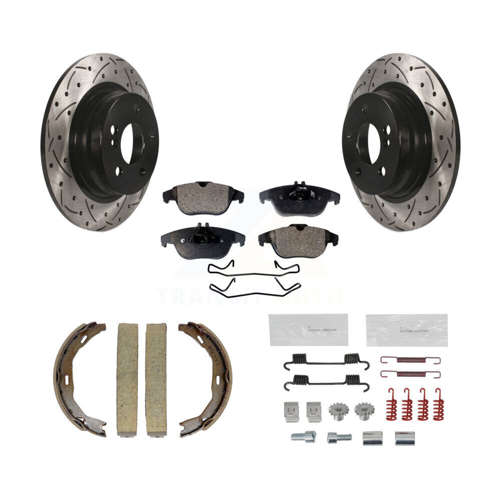 Rear Drilled Slot Rotor Semi-Metallic Pad & Parking Shoes Kit For Mercedes-Benz C300 C250 KDF-101595