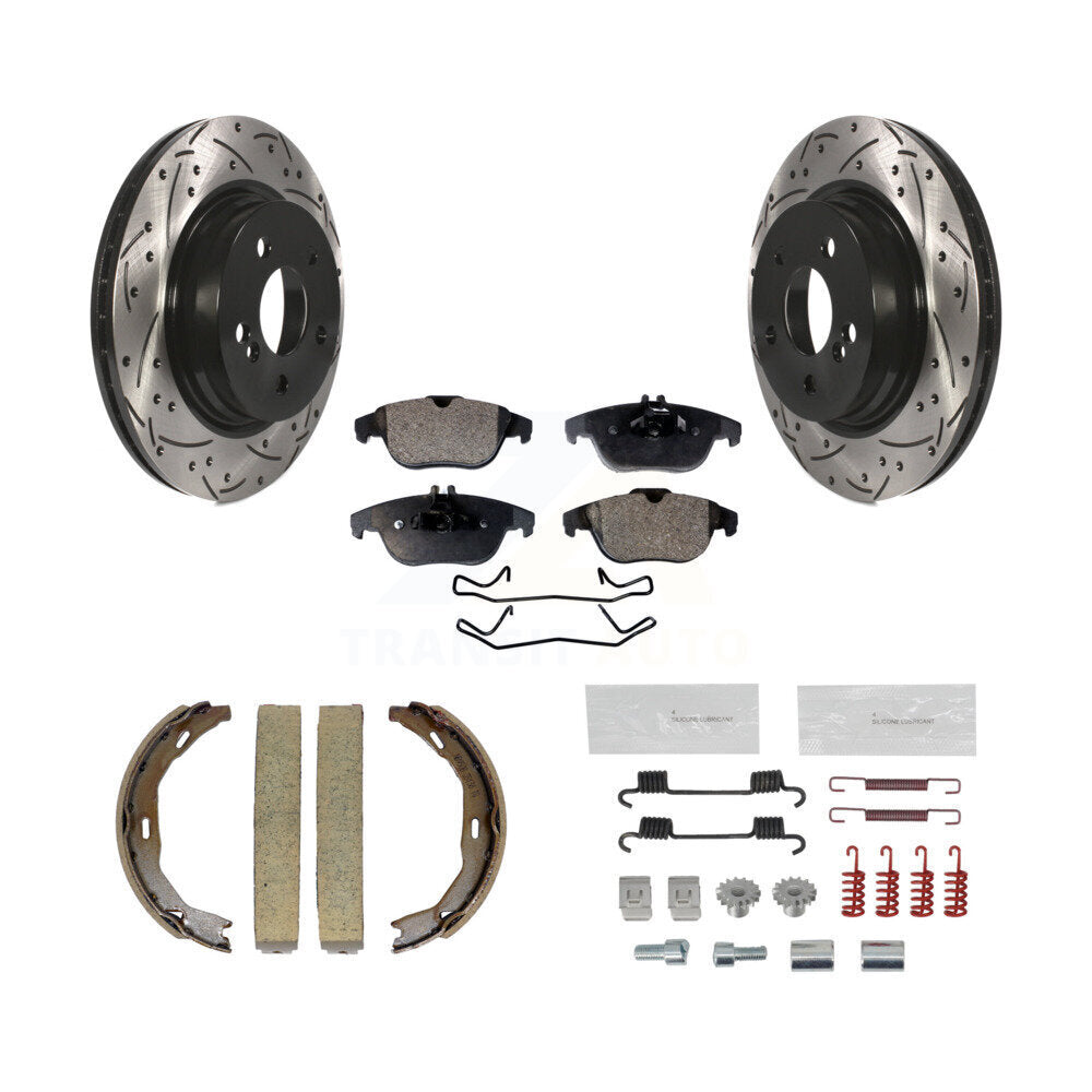 Rear Drilled Slot Rotor Semi-Metallic Pad & Parking Shoes Kit For Mercedes-Benz C300 C350 KDF-101596