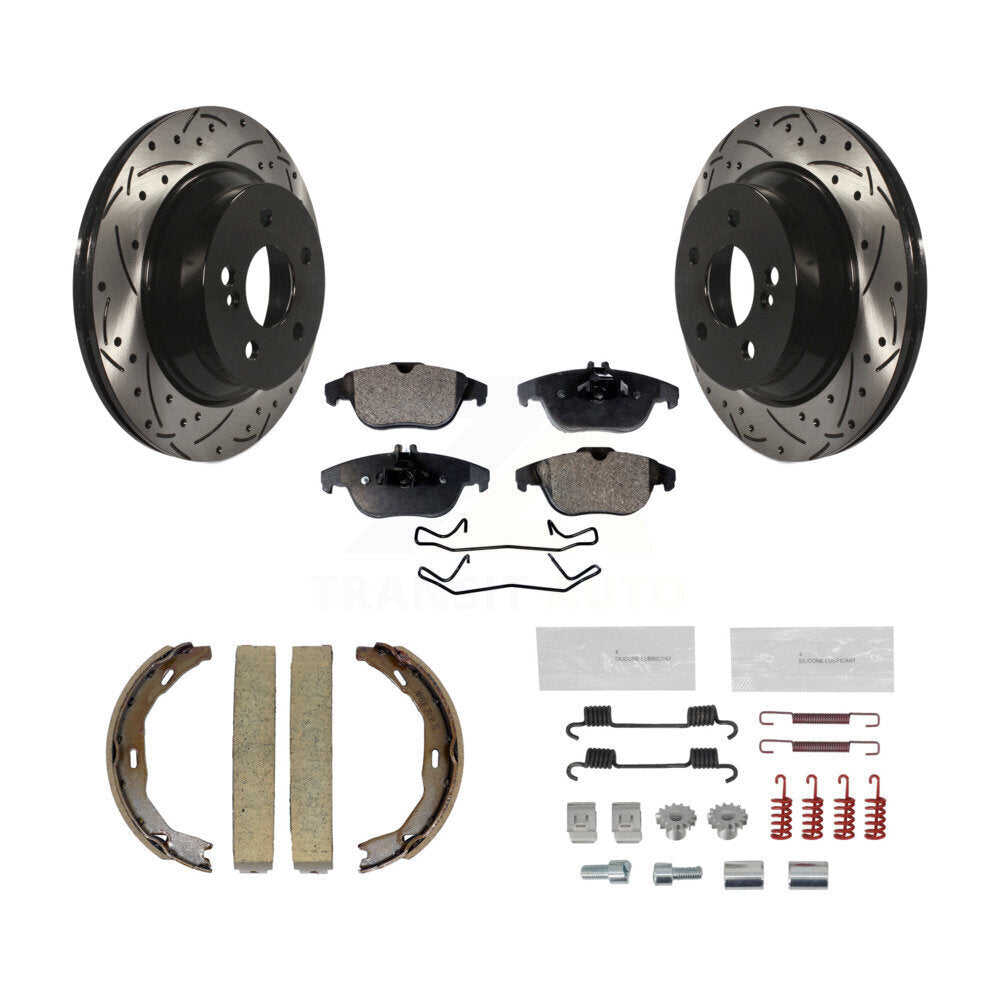 Rear Drilled Slot Rotor Semi-Metallic Pad & Parking Shoes Kit For Mercedes-Benz E350 E400 KDF-101599