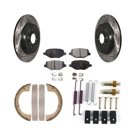 Rear Coated Drilled Slot Disc Rotor Semi-Metallic Pad & Parking Shoes Kit For Lincoln MKT KDF-101602