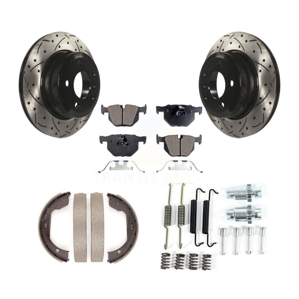 Rear Coated Drill Slot Disc Rotor Semi-Metallic Pad Parking Brake Shoes Kit For BMW X5 X6 KDF-101619