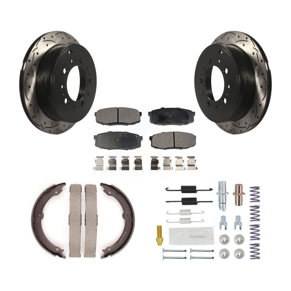 Rear Drill Slot Rotor Semi-Metallic Pad Parking Shoes Kit For Toyota Tundra Sequoia Lexus KDF-101625