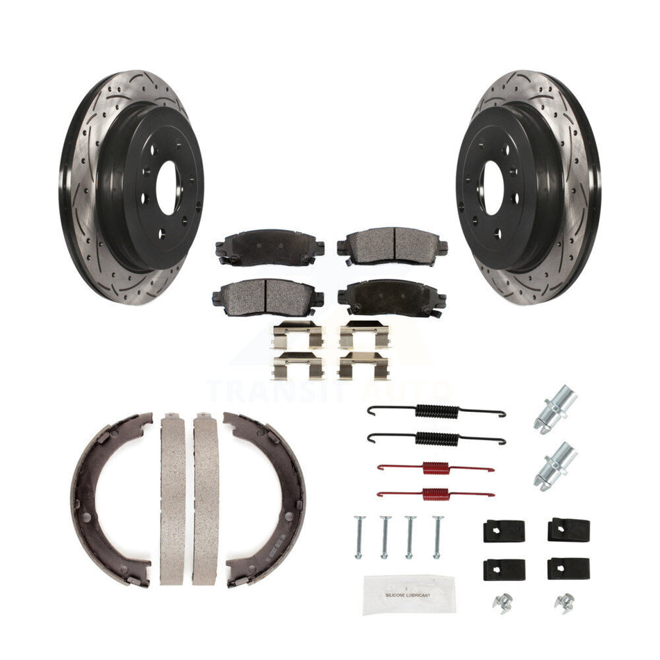 Rear Drilled Slot Rotors Semi-Metallic Pad Parking Shoes Kit For GMC Acadia Buick Enclave KDF-101630
