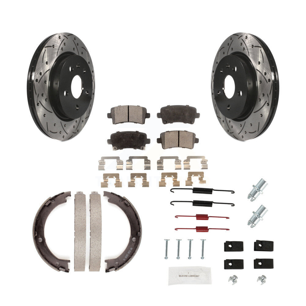 Rear Coated Drilled Slot Disc Rotors Semi-Metallic Pad Parking Shoes Kit For Cadillac XTS KDF-101631