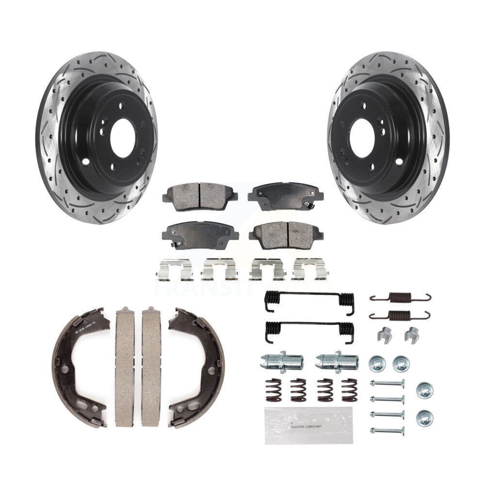 Rear Coated Drill Slot Disc Rotor Semi-Metallic Pad Parking Shoes Kit For Hyundai Genesis KDF-101637