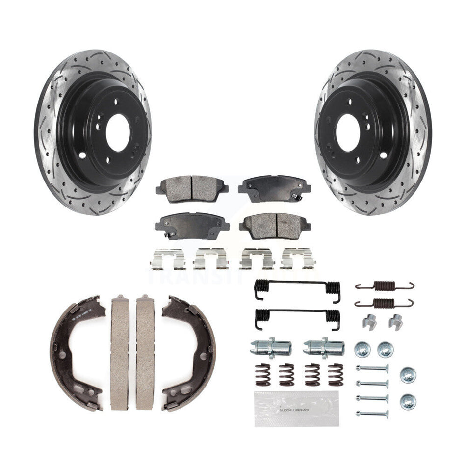 Rear Coated Drill Slot Disc Rotor Semi-Metallic Pad Parking Shoes Kit For Hyundai Genesis KDF-101637