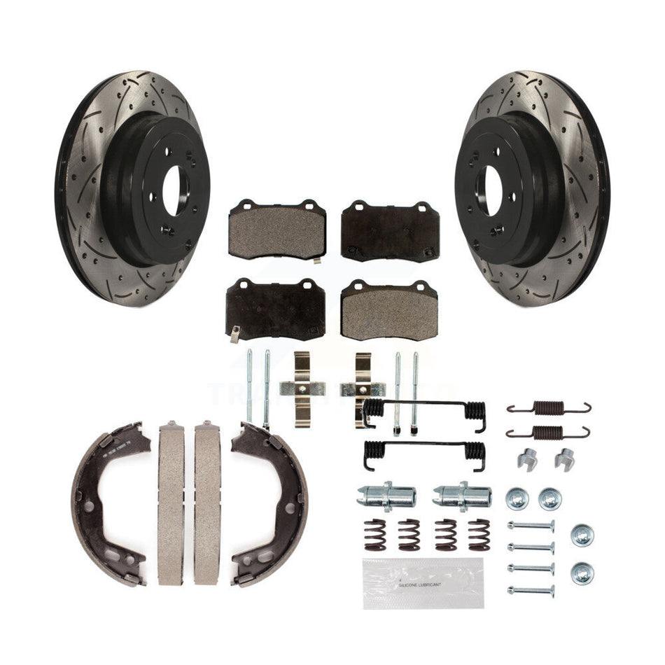 Rear Drill Slot Disc Rotors Semi-Metallic Pad Parking Shoes Kit For Hyundai Genesis Coupe KDF-101638