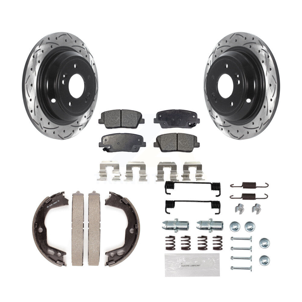 Rear Coated Drill Slot Disc Rotor Semi-Metallic Pad Parking Shoes Kit For Hyundai Genesis KDF-101640