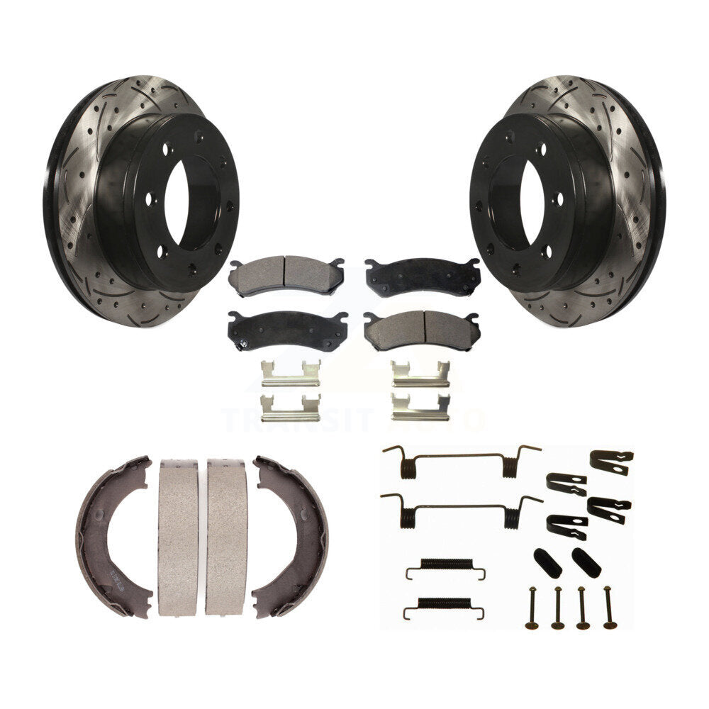 Rear Drill Slot Rotor Semi-Metallic Pad Parking Shoes Kit For Chevrolet Silverado 2500 HD KDF-101647