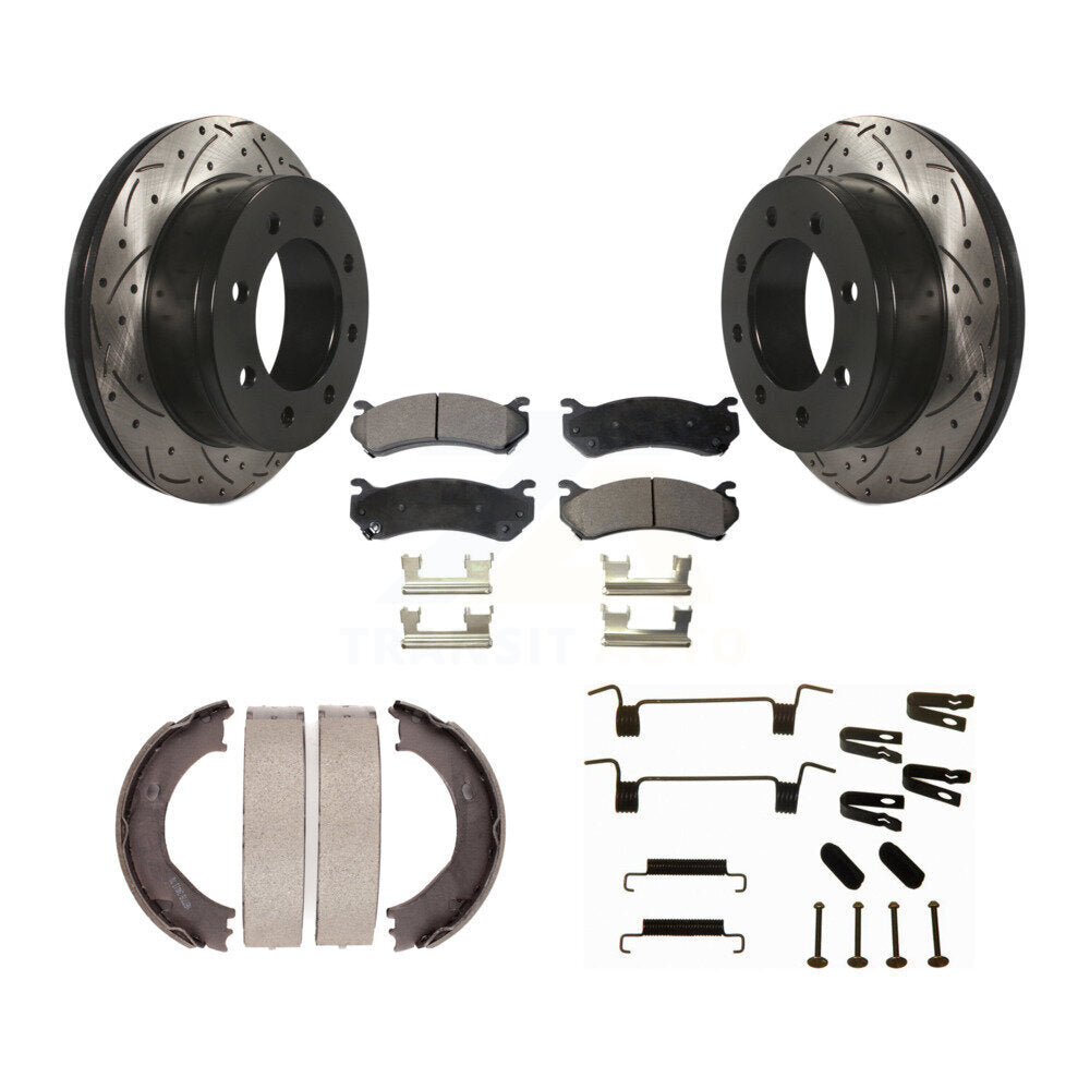 Rear Drill Slot Rotor Semi-Metallic Pad Parking Shoes Kit For Chevrolet Silverado 2500 HD KDF-101648