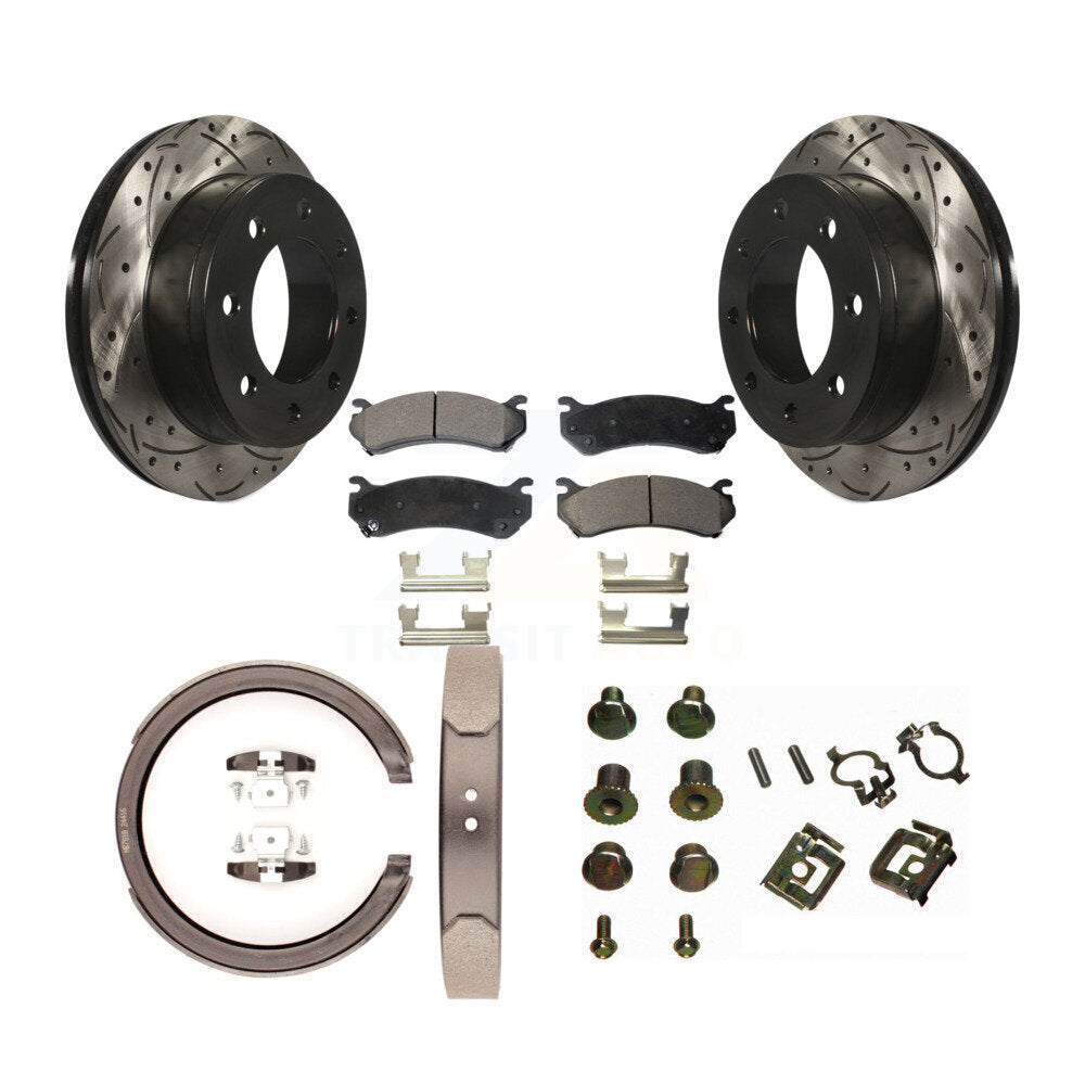 Rear Drilled Slot Rotor Semi-Metallic Pad & Parking Shoes Kit For GMC Sierra 1500 HD 2500 KDF-101651