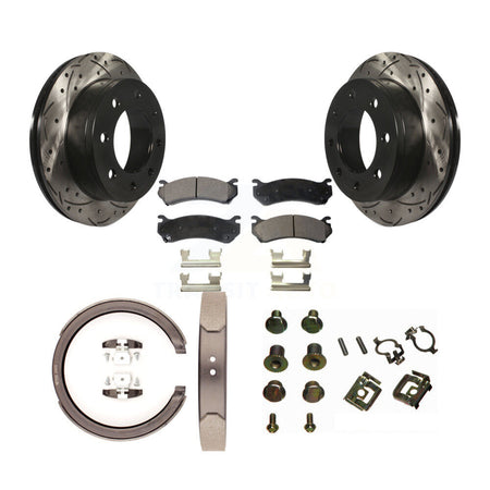 Rear Drilled Slot Rotor Semi-Metallic Pad & Parking Shoes Kit For GMC Sierra 1500 HD 2500 KDF-101651