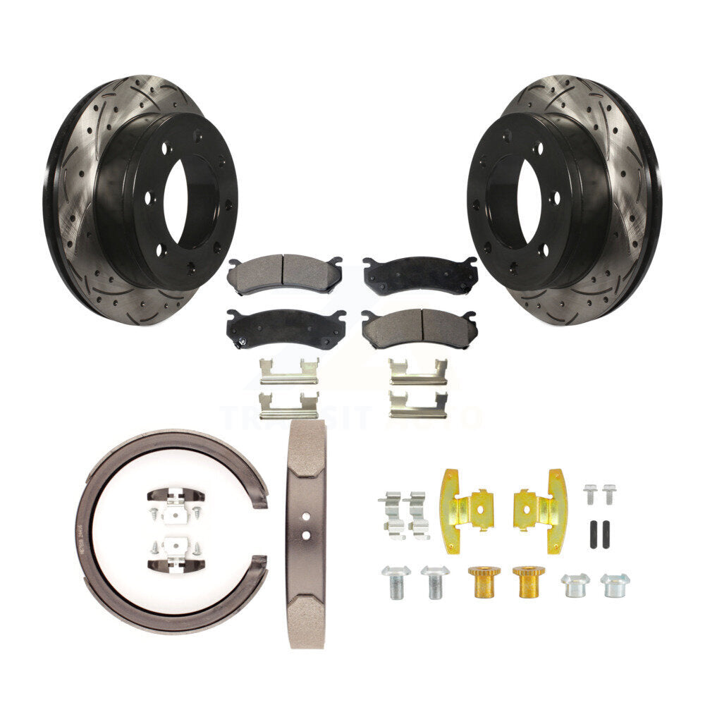 Rear Drill Slot Rotor Semi-Metallic Pad Parking Shoes Kit For Chevrolet Silverado 1500 HD KDF-101653
