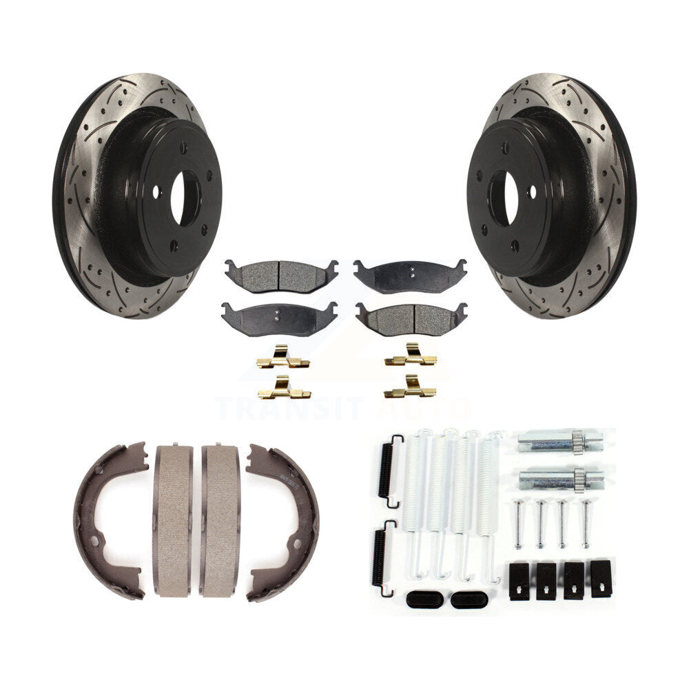 Rear Drill Slot Disc Rotor Semi-Metallic Pad Parking Shoes Kit For Ram 1500 Classic Dodge KDF-101659