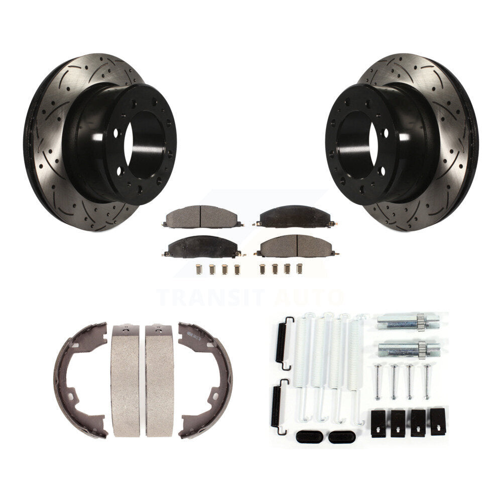 Rear Drill Slot Rotors Semi-Metallic Pad Parking Shoes Kit For Ram 1500 With 8 Lug Wheels KDF-101660