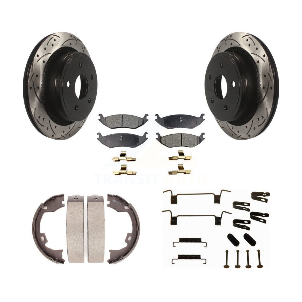 Rear Coated Drill Slot Disc Rotors Semi-Metallic Pad Parking Shoes Kit For Dodge Ram 1500 KDF-101661
