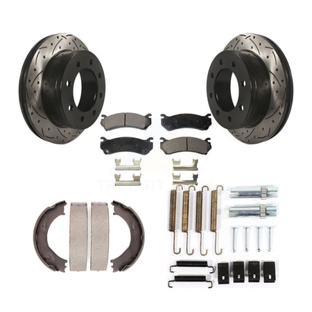 Rear Drilled Slot Rotor Semi-Metallic Pad Parking Shoes Kit For GMC Sierra 3500 Chevrolet KDF-101665