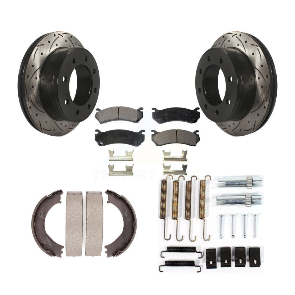 Rear Drilled Slot Rotor Semi-Metallic Pad Parking Shoes Kit For GMC Sierra 3500 Chevrolet KDF-101665