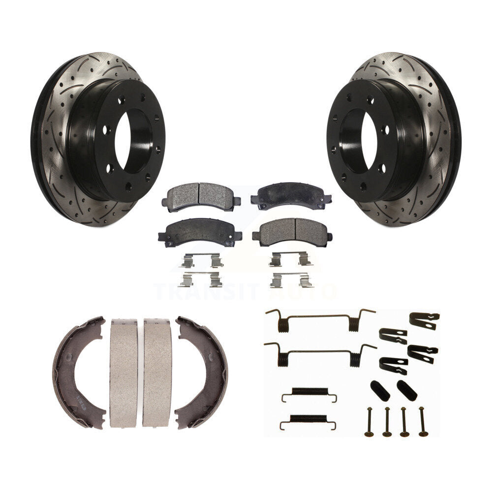 Rear Drill Slot Rotors Semi-Metallic Pad Parking Shoes Kit For Chevrolet Express 3500 GMC KDF-101666