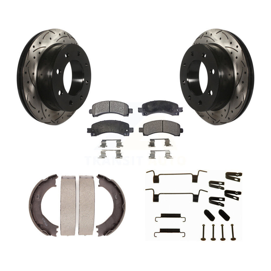 Rear Drill Slot Rotors Semi-Metallic Pad Parking Shoes Kit For Chevrolet Express 3500 GMC KDF-101666