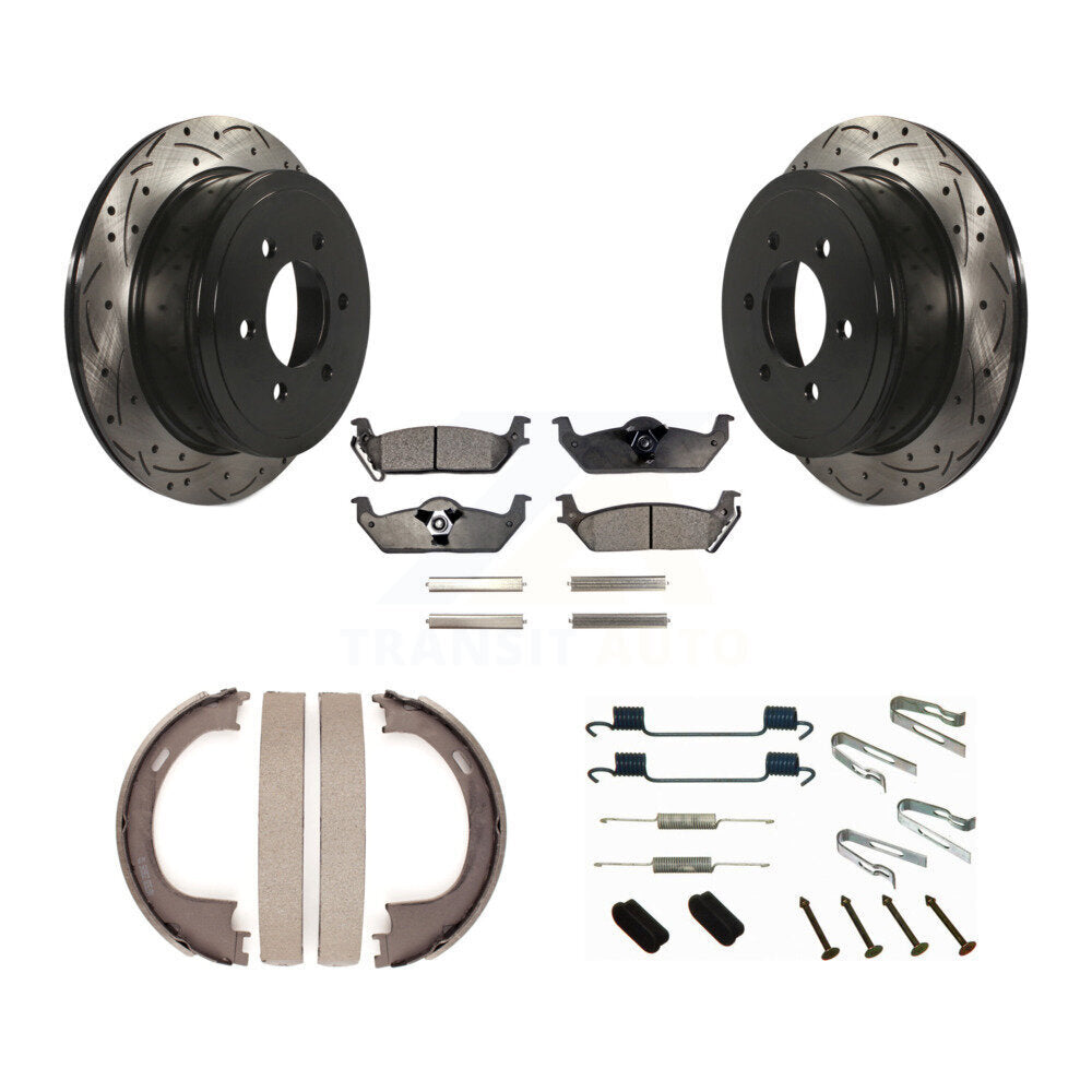Rear Drill Slot Rotors Semi-Metallic Pad Parking Shoes Kit For Ford F-150 Lincoln Mark LT KDF-101675