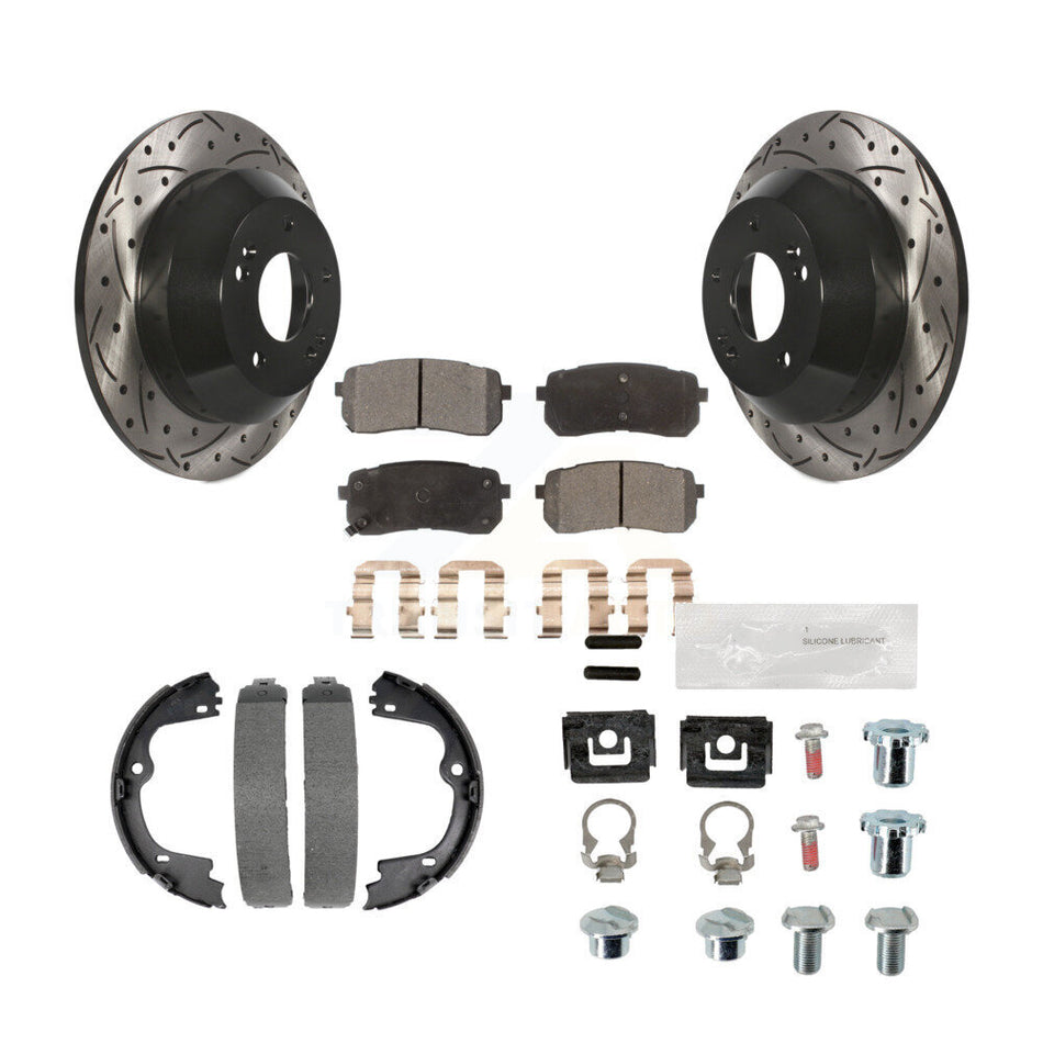 Rear Coated Drilled Slotted Disc Rotor Semi-Metallic Pad Parking Shoes Kit For Kia Sedona KDF-101688