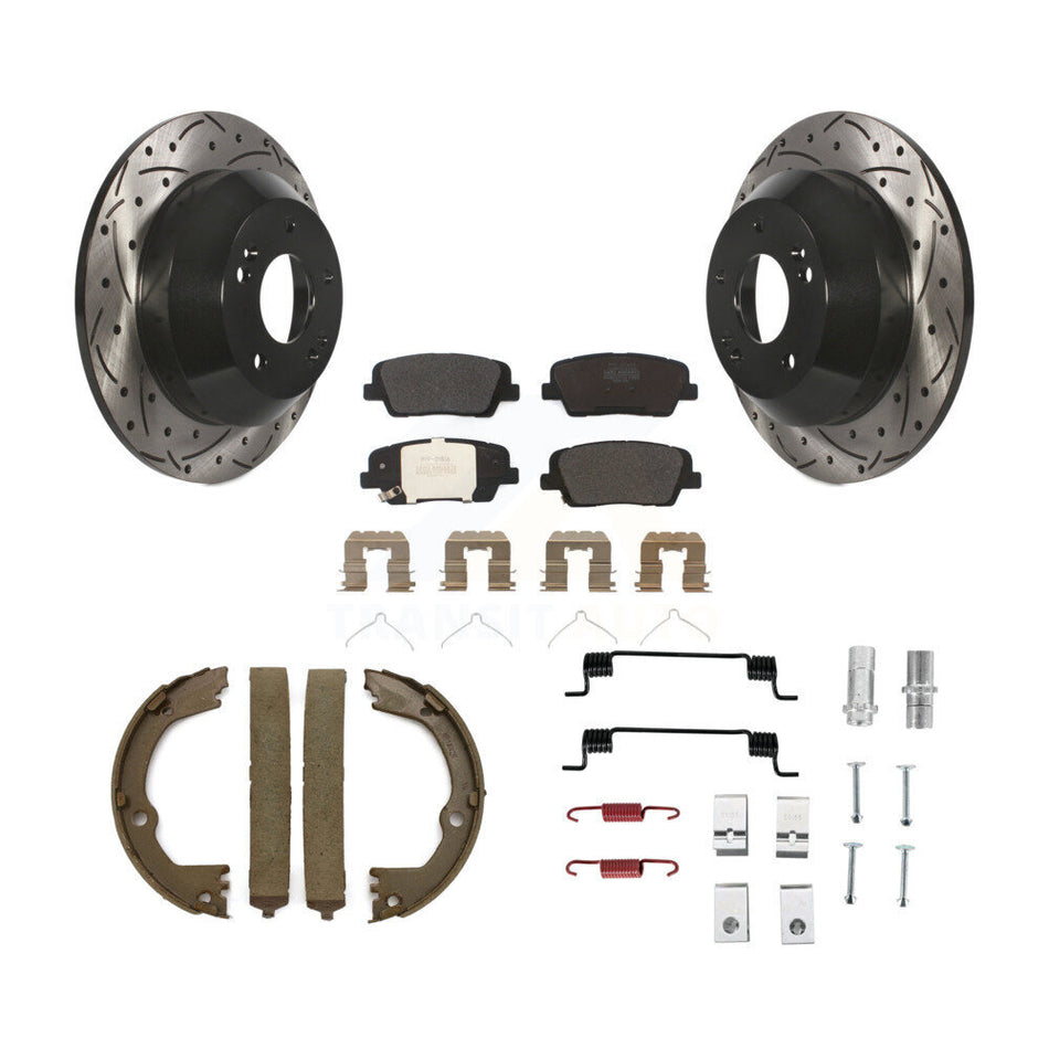 Rear Coated Drilled Slot Disc Rotor Semi-Metallic Pad & Parking Shoes Kit For Kia Sorento KDF-101690