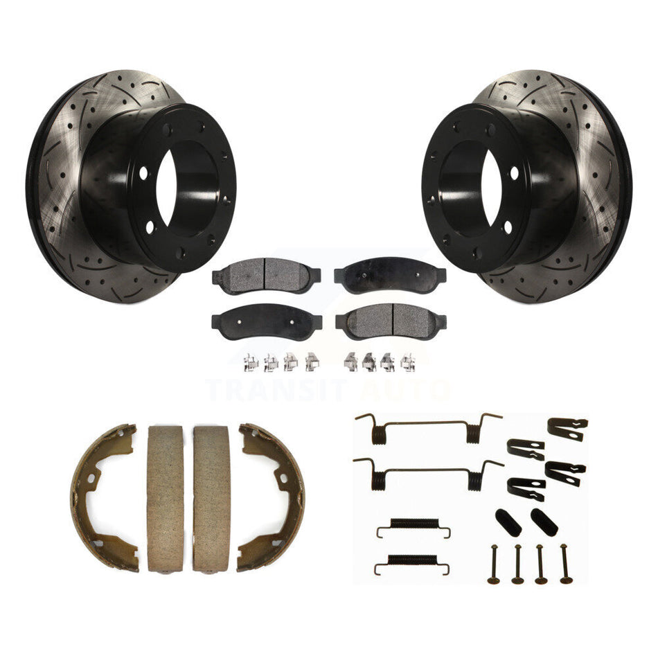Rear Drill Slot Rotor Semi-Metallic Pad Parking Shoes Kit For Ford F-350 Super Duty F-250 KDF-101694
